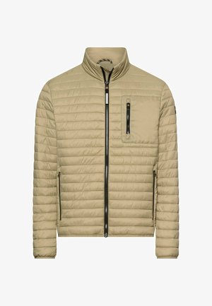 Lichtbeige doorgestikte jas met opstaande kraag, zwarte ritssluiting aan de voorkant, borstzakrits en twee zijzakken met rits, lange mouwen.