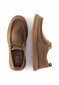 Leder Schuhe in Hellbraun mit glatter Oberfläche, Gummisohle, gestickten Akzenten und Schnürung für einen sicheren Sitz.