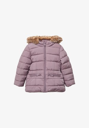Ljubičasta zimska jakna s uklonjivim krznom od umjetnog materijala, horizontalni ukrasni šavovi, zatvaranje na patentni zatvarač sprijeda i dva prednja džepa sa patentnim zatvaračem.