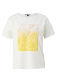 T-shirt blanc à manches courtes avec un carré floral jaune et le texte "UNIQUE COMME VOUS" sur le devant.