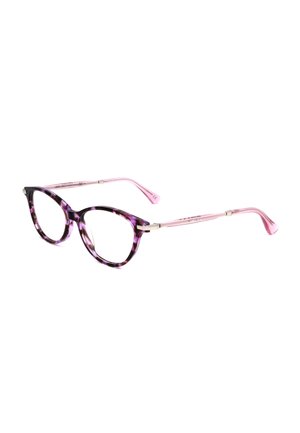 Occhiali a occhi di gatto con montatura frontale in tartaruga viola e aste rosa traslucide su sfondo bianco.