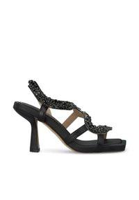 Schwarze Sandalen mit Absatz und offener Zehe, ausgestattet mit Perlenverzierungen auf einem gewellten Riemen und einem stabilen Blockabsatz.