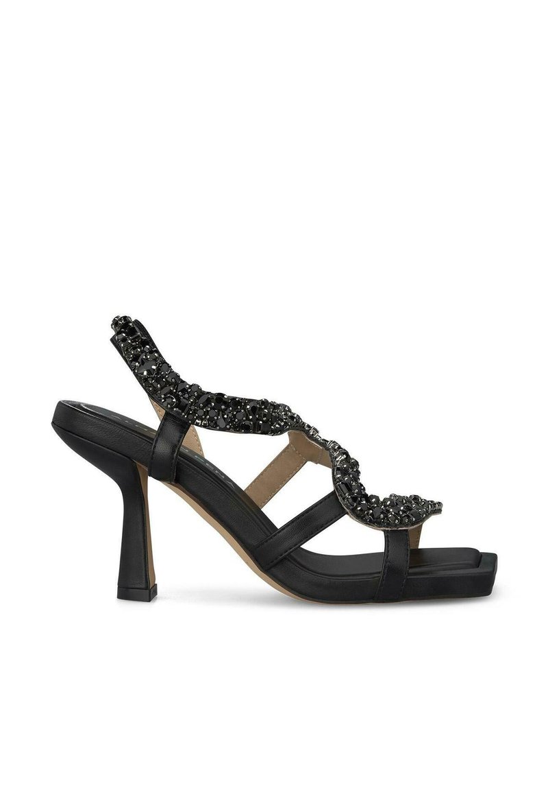 Schwarze Sandalen mit Absatz und offener Zehe, ausgestattet mit Perlenverzierungen auf einem gewellten Riemen und einem stabilen Blockabsatz.