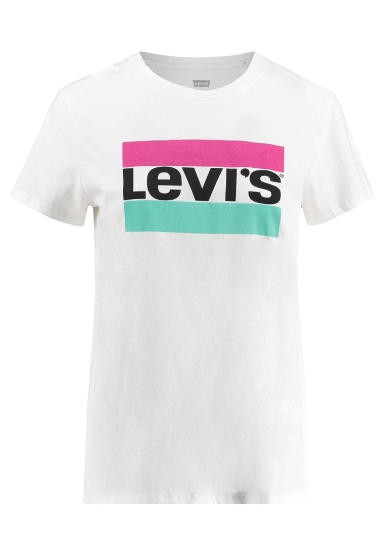 Bílá bavlněná tričko s velkým černým logem Levi's, obklopeným horizontálními pruhy v růžové a tyrkysové barvě přes hruď.