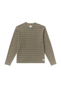 Langärmliges Hemd in Hellbraun mit horizontalen Streifen, aus weichem Strukturstoff gefertigt. Mit einem Rundhalsausschnitt und einem kleinen Logolabel am Saum.