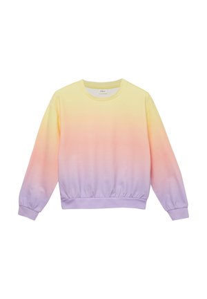 Trui met lange mouwen en ronde hals met een pastelverloop dat vervaagt van geel aan de bovenkant naar roze en lichtpaars aan de onderkant.