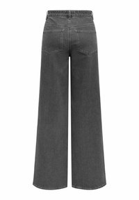 Jean en denim noir à jambes larges, taille haute avec deux poches arrière, vu de dos sur fond blanc.