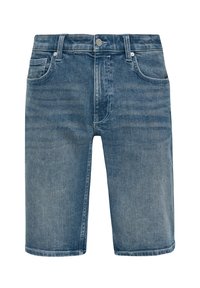 Shorts en denim bleu clair avec un design classique à cinq poches, fermeture à bouton et ourlet cousu, présentant une texture délavée.
