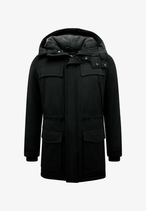 Zwarte parka met capuchon, voorzien van vier voorzakken, een ritssluiting en een grijze fleece voering met structuur. Verstelbare manchetten inbegrepen.