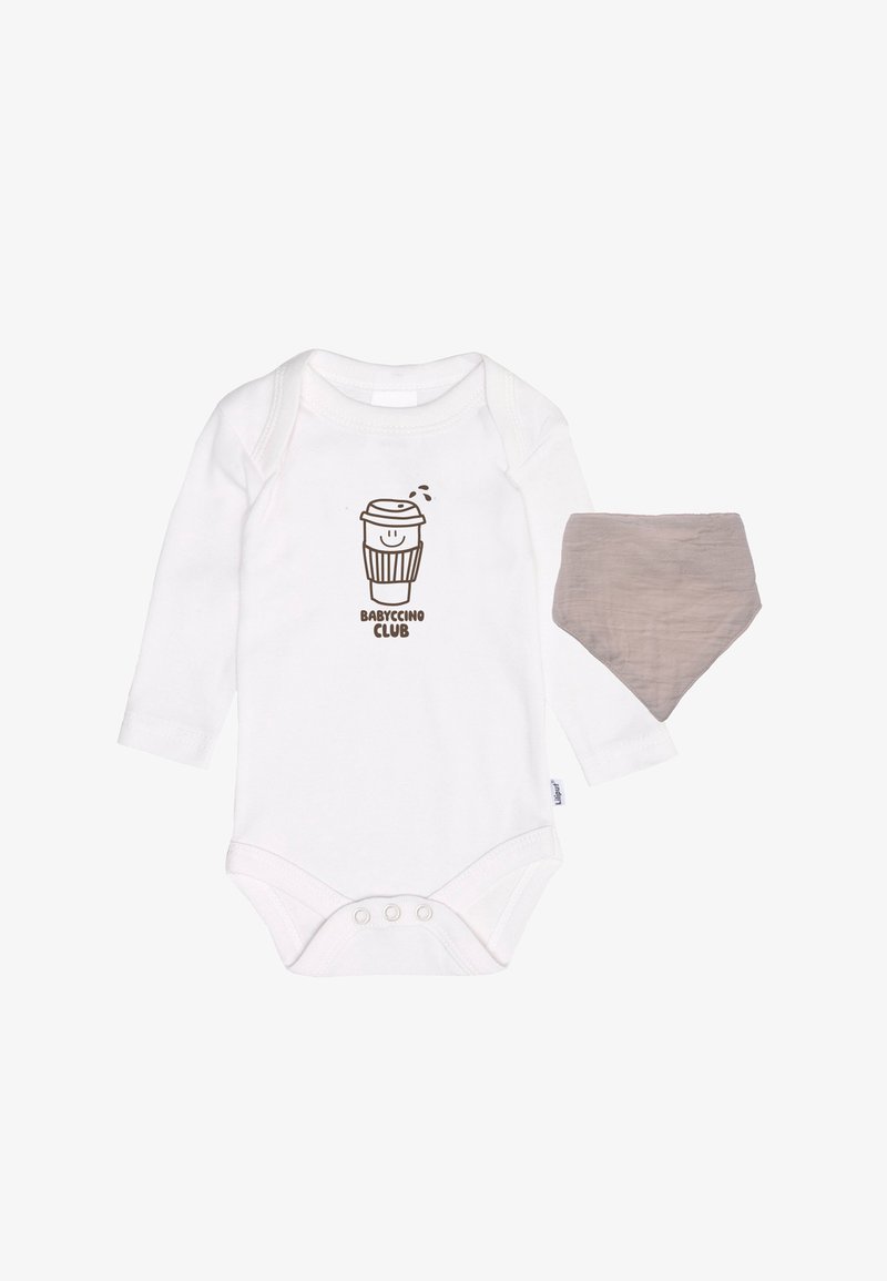 White long-sleeve onesie with brown coffee cup graphic and "BABYCCINO CLUB" text; includes a matching light brown bib. Soft cotton fabric.