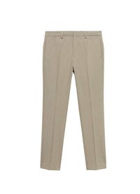 Pantalons sur mesure beige en tissu texturé, avec une taille plate, deux poches latérales et une coupe ajustée.