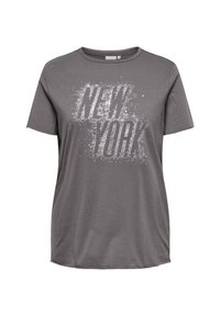 Šedé bavlněné tričko s krátkým rukávem, které obsahuje opotřebovaný grafický potisk "NEW YORK" v bílé barvě, kulatý výstřih a uvolněný střih.