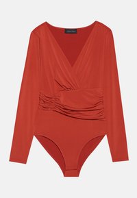 Red long-sleeve bodysuit with a deep V-neck, gathered side detail, and smooth texture. Features a stretchy fabric for comfort.