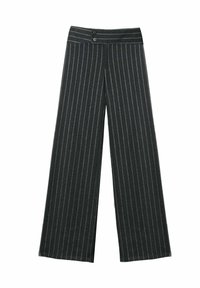 Pantalones de pierna ancha con tela gris oscura, que presentan rayas blancas verticales, cintura alta y dos botones frontales para cierre.
