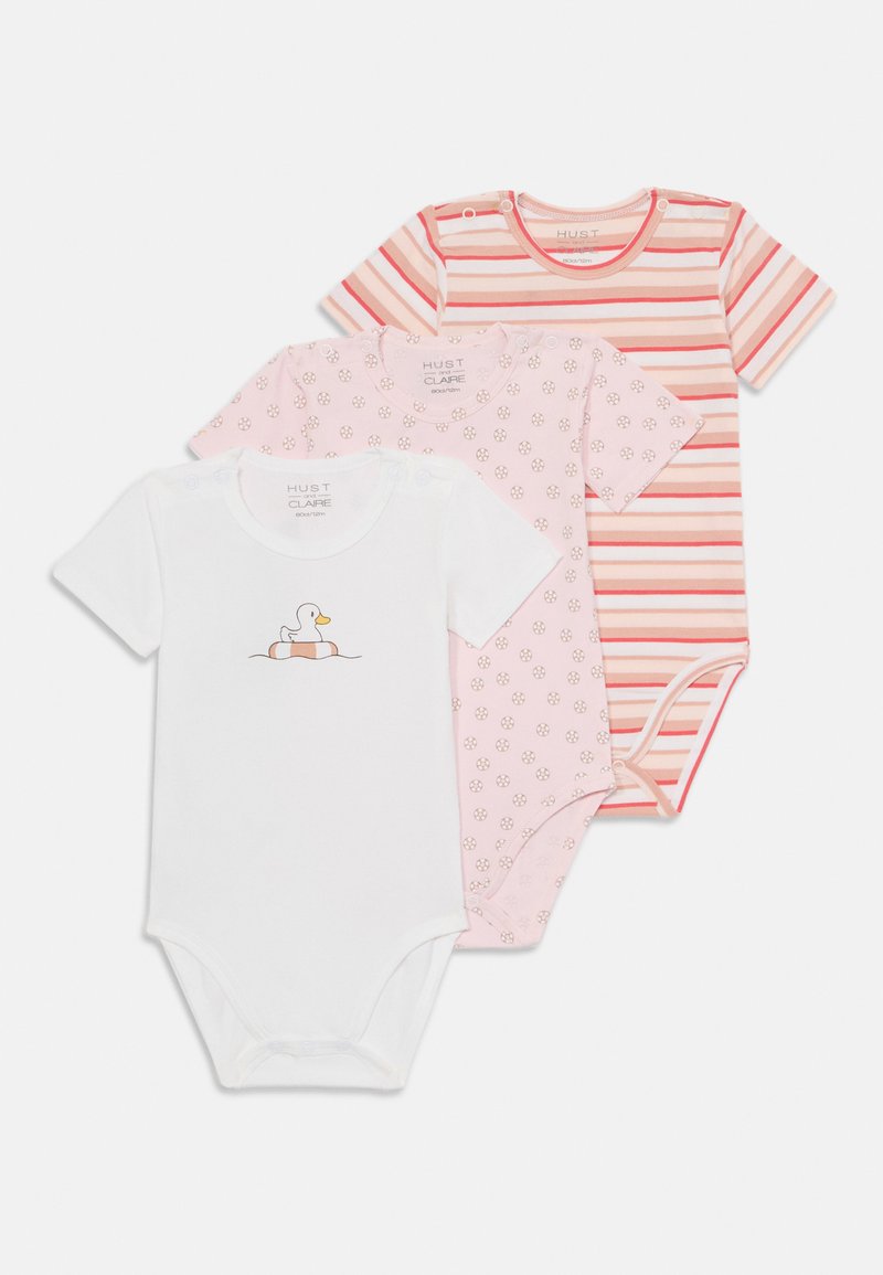 Sæt af tre baby bodies: en hvid med andegrafik, en lyserød med blomsterprint og en stribet i pink og koral. Cotton stof, korte ærmer.