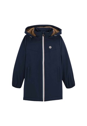 Manteau à capuche bleu marine avec doublure en polaire marron, fermeture éclair à l'avant, poches latérales, poignets élastiques et un petit logo rond sur la poitrine.