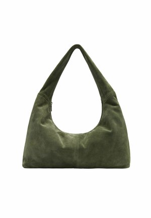 Grüne Wildleder-Hobo-Tasche mit einem gebogenen, breiten Griff und einem großen, offenen Oberteil. Sie hat eine glatte Textur und ein schlichtes Design, ohne sichtbare Beschläge.