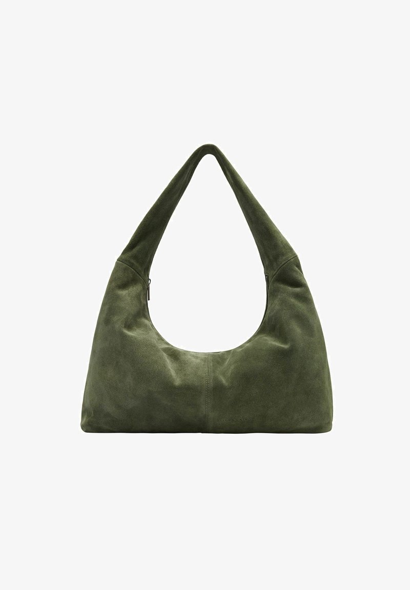 Grüne Wildleder-Hobo-Tasche mit einem gebogenen, breiten Griff und einem großen, offenen Oberteil. Sie hat eine glatte Textur und ein schlichtes Design, ohne sichtbare Beschläge.