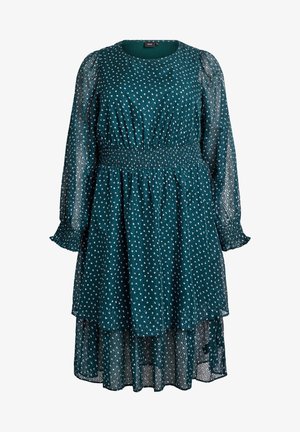 Tealfarbenes Kleid mit langen, transparenten Ärmeln, gerüschtem Bund, geschichteter Saum und Punktmuster. Hergestellt aus leichtem, strukturiertem Stoff.