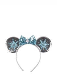 Fascia argentata con grandi orecchie di topo, decorata con disegni di fiocchi di neve blu e un grande fiocco di paillettes blu scintillante, con un'icona di un personaggio.