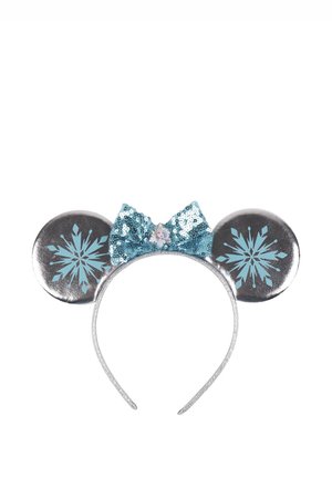 Silver headband with large mouse ears, blue snowflake designs, and a sparkling blue sequined bow featuring a small character icon.