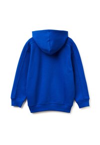 Felpa blu con cappuccio, realizzata in un tessuto morbido e testurizzato. Presenta polsini e orlo a coste, finitura liscia e una vestibilità comoda.