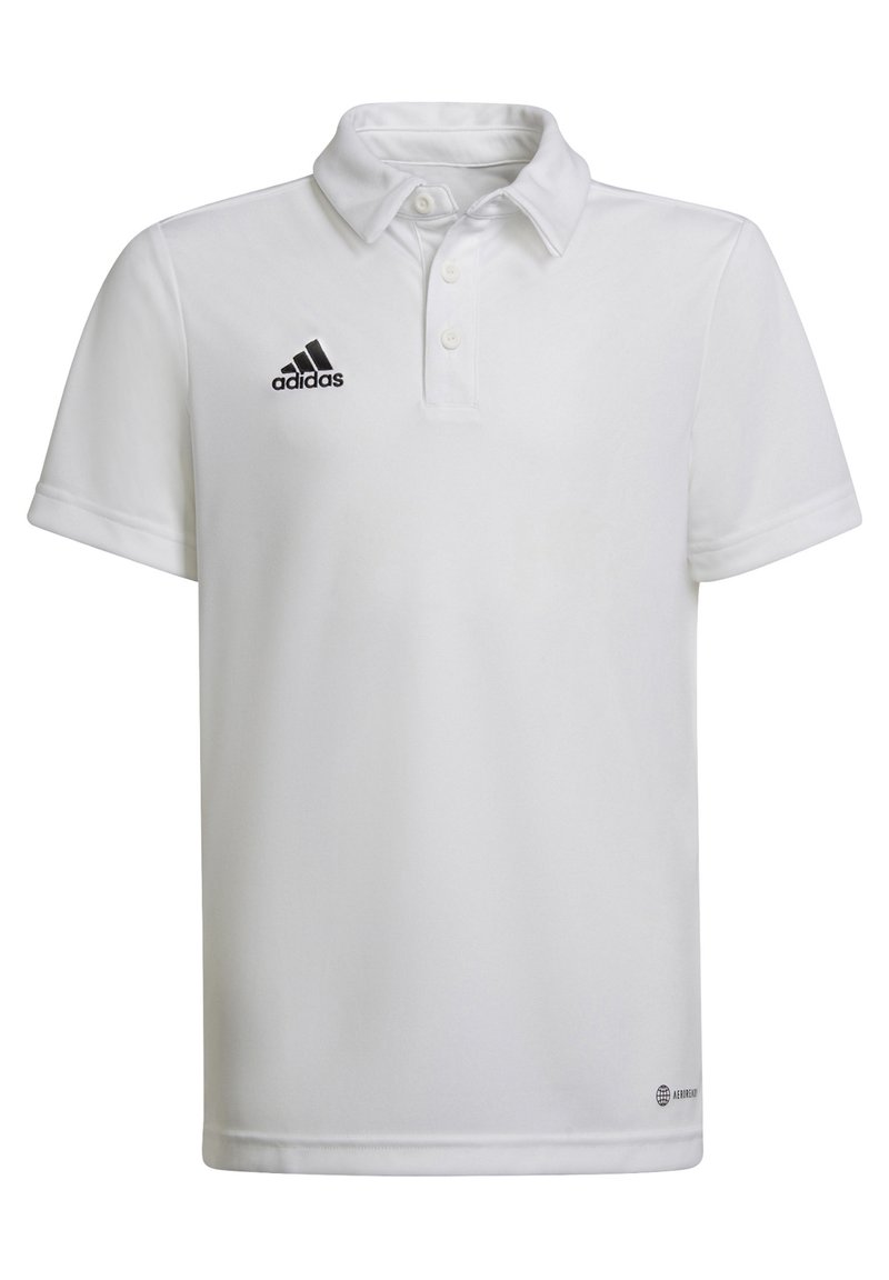 Weißes Polohemd mit Kragen, kurzen Ärmeln, einer dreiknöpfigen Knopfleiste und schwarzem Adidas-Logo auf der linken Brust. Glatte Textur.