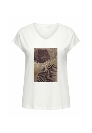 Hvid V-hals T-shirt med et centralt rektangulært design med abstrakte brune og beige palmeblade og små gule accenter.