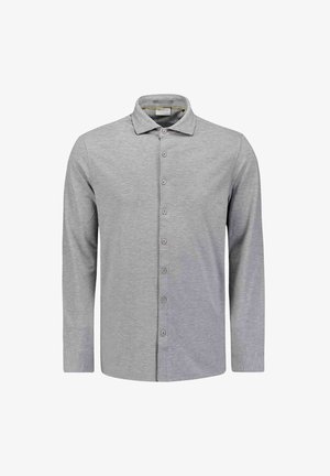 Langekous grijze overhemd met knopen, gemaakt van textiel met een structuur. Kenmerkt zich door een puntige kraag en een frontale knoopsluiting met zeven bijpassende knopen.