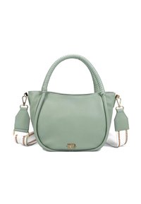 Borsa a tracolla verde menta con una finitura in pelle liscia, manico superiore intrecciato, tracolla rimovibile con un motivo bianco e marrone e dettagli di hardware in oro.