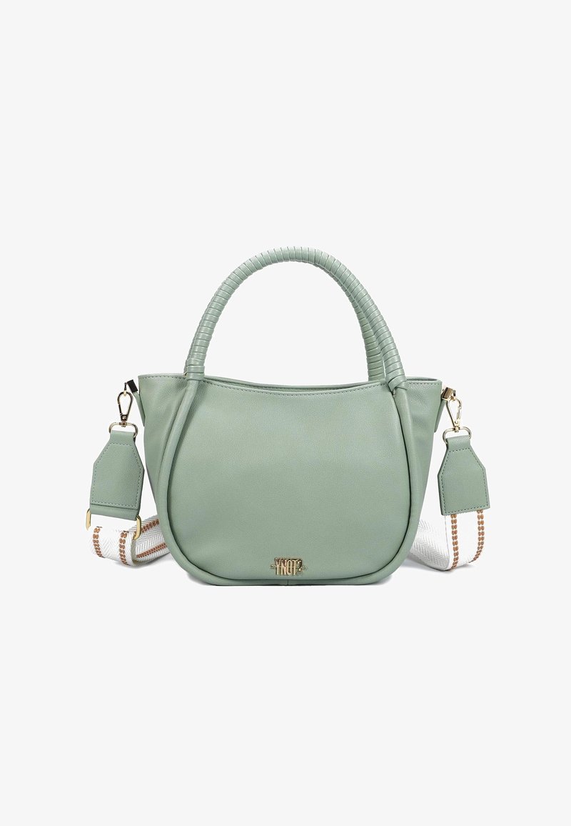 Borsa a tracolla verde menta con una finitura in pelle liscia, manico superiore intrecciato, tracolla rimovibile con un motivo bianco e marrone e dettagli di hardware in oro.