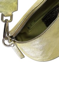 Metalen gouden ritstas met een gladde textuur, ronde vorm en een afneembare strap met zilveren hardware en een binnenzak.