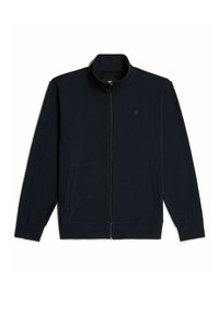 Felpa zip in blu navy, realizzata in tessuto morbido. Presenta un colletto alto, tasche laterali e polsini a coste. Design minimalista.