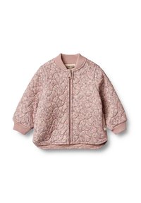 Pink quilted toddlerjakke med blomstermønster, ribbet krave og manchetter samt lynlås foran, præsenteret på hvid baggrund.