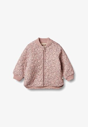 Pink quilted toddler jacket with floral pattern, ribbed collar and cuffs, and front zipper closure, displayed on white background.