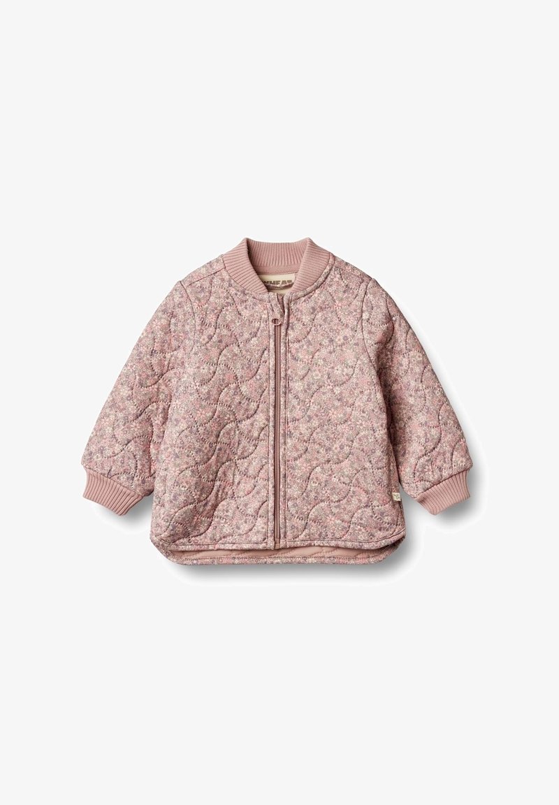 Pink quilted toddlerjakke med blomstermønster, ribbet krave og manchetter samt lynlås foran, præsenteret på hvid baggrund.