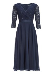 Marineblaues Kleid mit Spitzenärmeln, Paillettenoberteil und fließendem Chiffonrock. Mit V-Ausschnitt und einem Reißverschluss im Rücken.