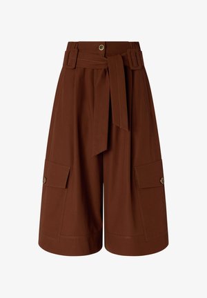 Brūnas augsta vidukļa plata stila šorti ar auduma jostu, pogu aizdari un lielām aizpogājamām kabatām ar pogu detaļām abās pusēs.
