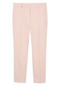 Pantalones de tela rosa claro con frente plano, dos bolsillos laterales, diseño de pierna recta y dobladillo bien cosido. Sin estampados ni herrajes visibles.