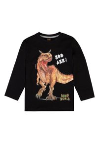 Maglietta nera a maniche lunghe con una grafica di un T-Rex con la bocca aperta, testo "ROAR!" in bianco e "DINO WORLD" in verde.