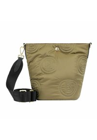 Borsa a secchiello in tessuto trapuntato verde oliva con loghi circolari in rilievo, chiusura superiore a scatto e un manico a contrasto nero con finiture dorate.