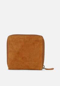Brown suede wallet with a rectangular shape, zip closure, and a soft texture. Features a leather zipper pull and minimalistic design.