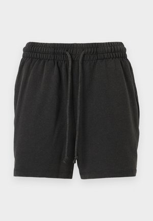 Czarne szorty z elastycznym pasem z gumką i sznureczkami do wiązania oraz bocznymi kieszeniami, wykonane z miękkiego, wygodnego materiału.