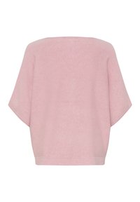 Top rosa extragrande hecho de tela suave. Presenta un corte holgado, mangas anchas y un diseño sencillo sin detalles ni patrones adicionales.