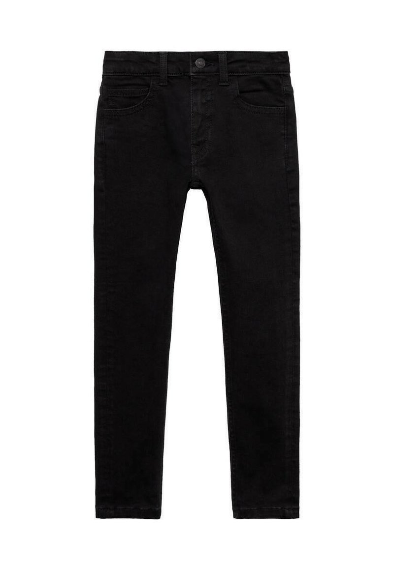 Slim-fit svarta jeans i denim, med fem fickor, bältesslingor och en enkel knappstängning. Släta texturer med minimal blekning.