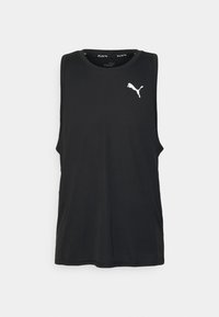 Czarny bezrękawnik sportowy z okrągłym dekoltem i bocznymi rozcięciami. Posiada białe logo Puma na piersi. Wykonany z lekkiego materiału.