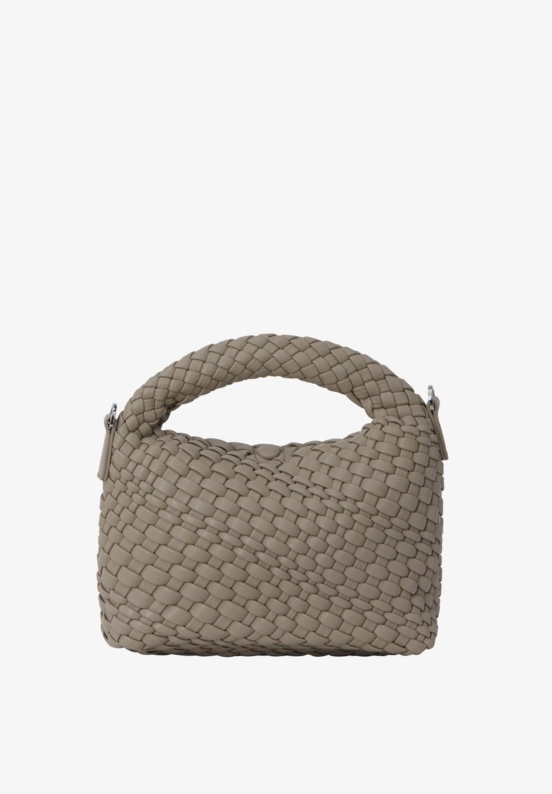 Borsa a mano in pelle intrecciata di un grigio morbido, con manico arrotondato e superficie testurizzata con una parte superiore curva, hardware minimale.