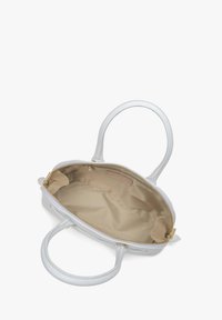 Witte leren handtas met twee handvaten, gouden rits en beige binnenvoering. Glad oppervlak, ovale vorm en geen zichtbare externe zakken.