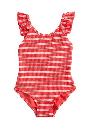 Rød tekstureret badedragt i ét stykke med hvide vandrette striber og flæset skulderstropper, designet til et barn.