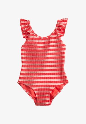 Czerwony jednoczęściowy strój kąpielowy z białymi poziomymi paskami i falbankami na ramiączkach, zaprojektowany dla dziecka.